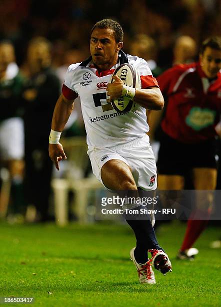 Jason Robinson of England on his way to scoring a try during the England Legends against Australia Legends match at Twickenham Stoop on October 31,...