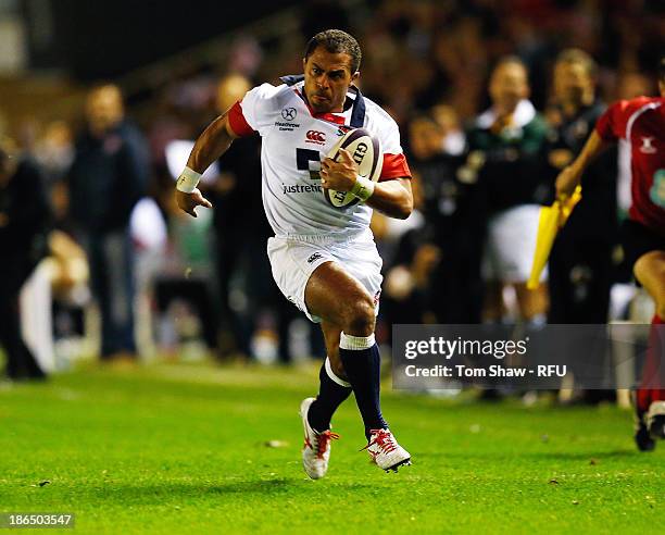 Jason Robinson of England on his way to scoring a try during the England Legends against Australia Legends match at Twickenham Stoop on October 31,...