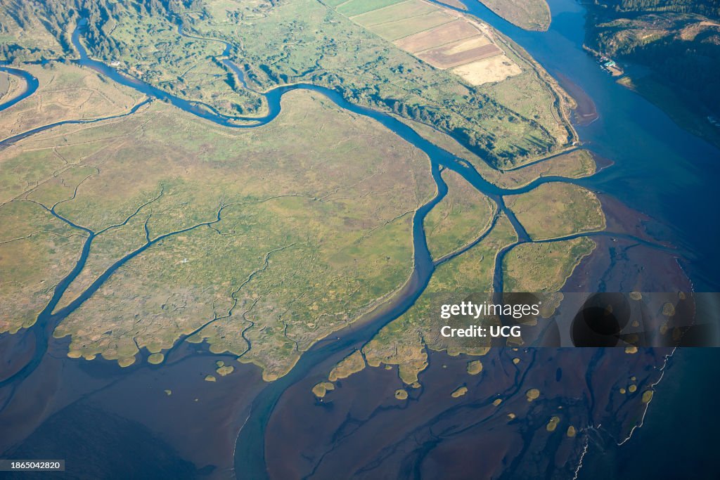 Aerial view of tidal flats and channels, Tillamook Bay, Oregon coast, mudflat