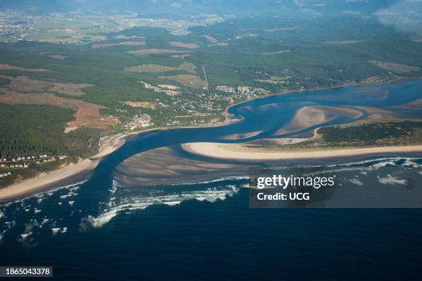 Aerial view of Netarts Bay and Spit, Oregon Coast. Note the partially submerged migratory bedforms at the mouth of the bay.
