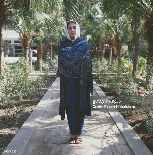 Pakistani politician, stateswoman, and 11th Prime Minister of Pakistan, Benazir Bhutto in Larkana, Pakistan, circa 1988.