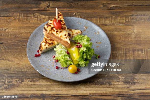 croque monsieur and salad - croque monsieur stockfoto's en -beelden