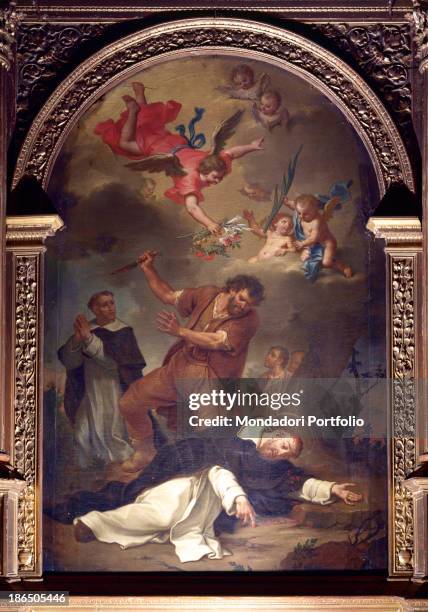 Italy, Lombardy, Alzano Lombardo, Parish Church of St, Peter Martyr, Whole artwork view, St, Peter is bleeding on the ground, behind him, a man...