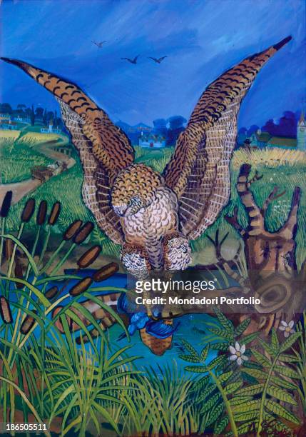Private collection, Whole artwork view, A majestic harrier hawk with outstretched wings is portrayed with a blue bird in its claws, In the background...