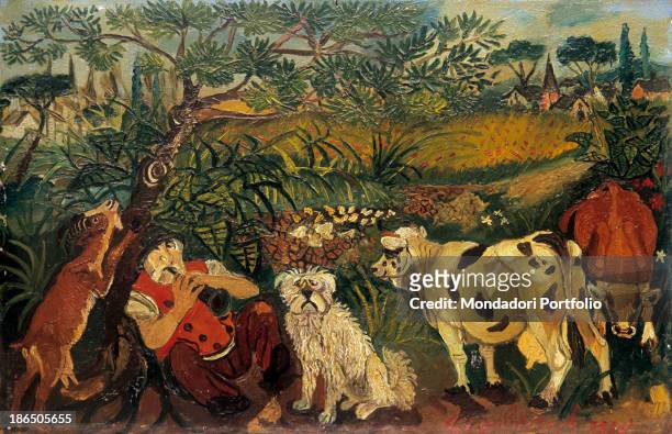 Private collection, Whole artwork view, In a lush greenery a shepherd rests playing a clarinet, With him a dog, two cows and a goat, In the...