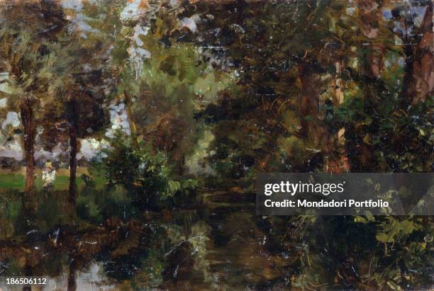 Private collection, Whole artwork view, Landscape with a thick bush and trees reflecting in a pond, In the background a farmer and a blue sky.