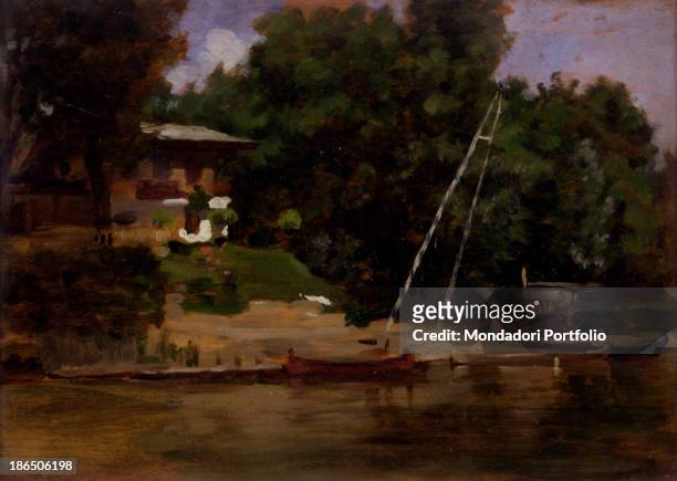 Private collection, Whole artwork view, On the bank of the river some boats are moored at the Rowing Club, surrounded by trees and bushes.