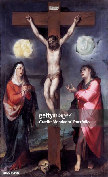 Italy, Emilia Romagna, Bologna, National Collections, Whole artwork view, Jesus Christ crucified, with the Virgin Mary at his feet in prayer and a...