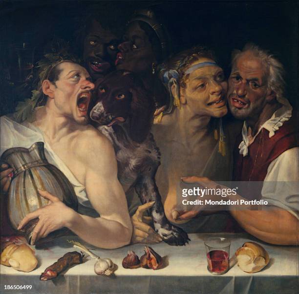 Private collection, Whole artwork view, From the left: a drunken bacco is singing aloud, next to a dog looking at a couple of figures in the...