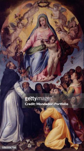 Italy, Emilia Romagna, Modena, Metropolitan Seminary, Whole artwork view, In the upper part of the painting Mary sits on a cloud with the child...