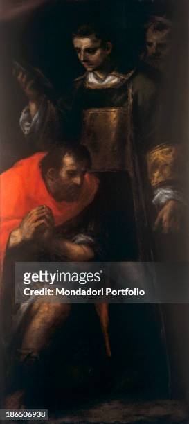Italy, Emilia Romagna, Ferrara, National Gallery, Whole artwork view, The Saint, wearing the typical clothing of the Roman centurions, is kneeling in...