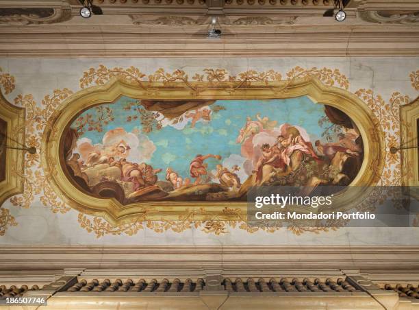 Italy, Veneto, Treviso, Palace Giacomelli, Celebration Room, Whole artwork view, Jubilant Bacchus with people and putti in a mixtilinear frame.