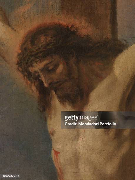 Italy, Veneto, Treviso, Padernello di Paese, parish church, Detail, The suffering face of crucified Christ, The crown of thorns emanates light.