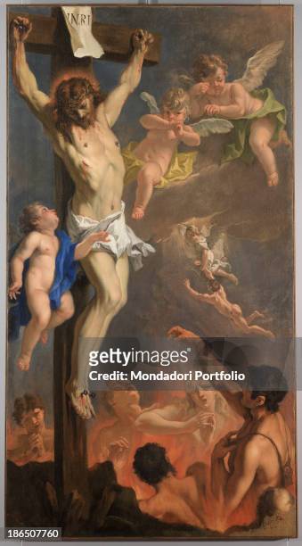 Italy, Veneto, Treviso, Fregona, parish church, Whole artwork view, Jesus on the cross surrounded by angels, at his feet the souls of Purgatory.
