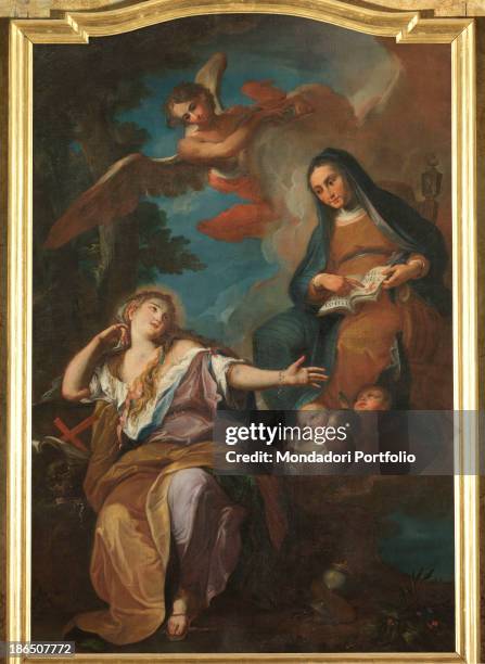 Italy, Veneto, Rovigo, Salara, Church of St, Valentine, Whole artwork view, The Holy Virgin, surrounded by angels, appeared to Mary Magdalene.