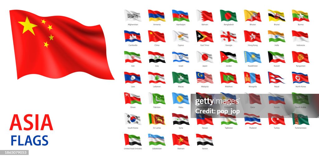 Waving Flags of Asia - Vector Set. Asian Flags Isolated on White Background