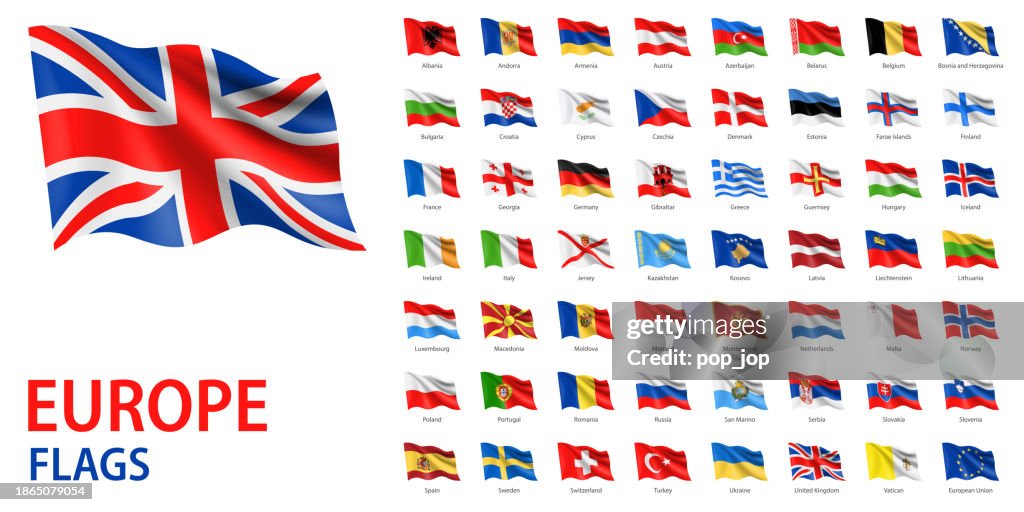 Waving Flags of Europe - Vector Set. Europe Flags Isolated on White Background