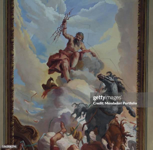 Italy, Lombardy, Cremona, Ricengo, Villa Ghisetti-Giavarina, Detail, Zeus, angry with Phaeton, is ready to launch lightnings clutched in his hand to...