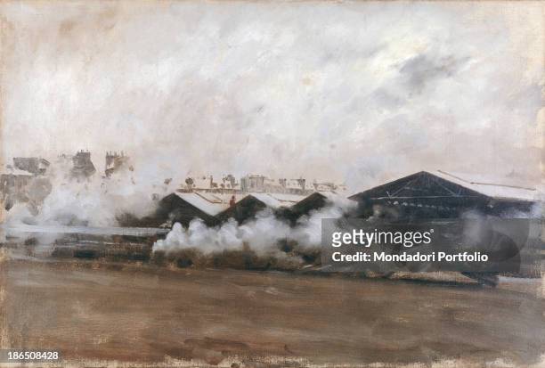 Italy, Apulia, Barletta, Museo Pinacoteca comunale G, De Nittis of Barletta, Whole artwork view, An industrial landscape with vapor and steam.