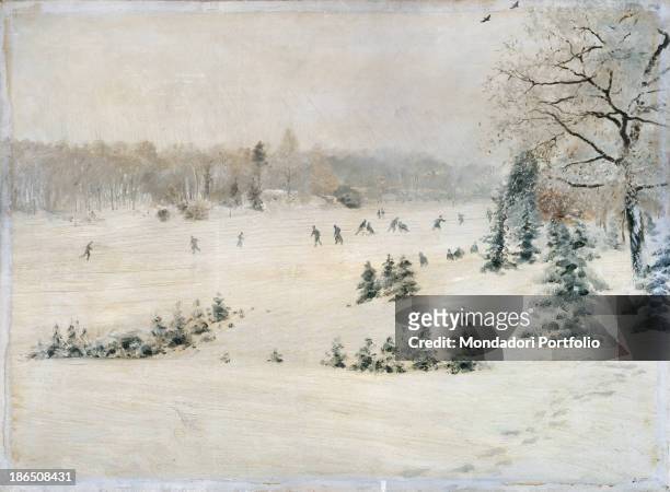 Italy, Apulia, Barletta, Museo Pinacoteca comunale G, De Nittis of Barletta, Whole artwork view, A winter landscape completely covered by snow, Can...