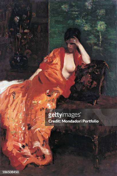 Private collection, Whole artwork view, The young woman wearing a long orange dress with an open breast, while her face, held by the hand, is dark...