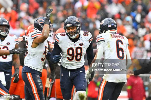 Montez Sweat of the Chicago Bears celebrates after sacking Joe Flacco of the Cleveland Browns during the third quarter at Cleveland Browns Stadium on...