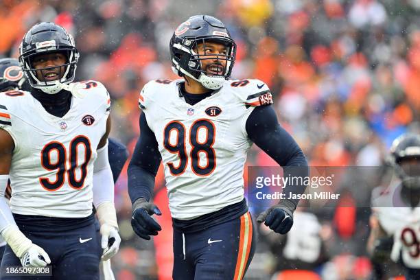 Montez Sweat of the Chicago Bears celebrates after sacking Joe Flacco of the Cleveland Browns during the third quarter at Cleveland Browns Stadium on...