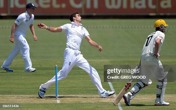 England cricketer Steven Finn bowls on day two of the Ashes tour match against the Western Australian Chairman's XI at the WACA ground in Perth on...