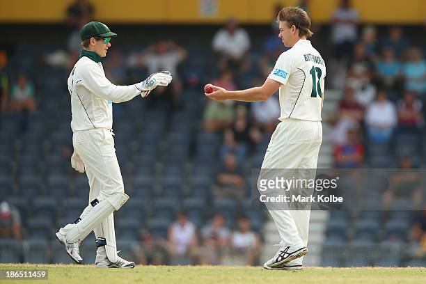 Tim Paine of the Tigers takes the ball from Luke Butterworth of the Tigers before he leaves the field mid-over with an injury during day three of the...