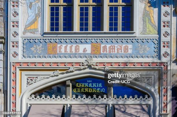 Porto, Portugal, Architectural feature or detail of the Lello Bookstore . Part of the facade or exterior wall.