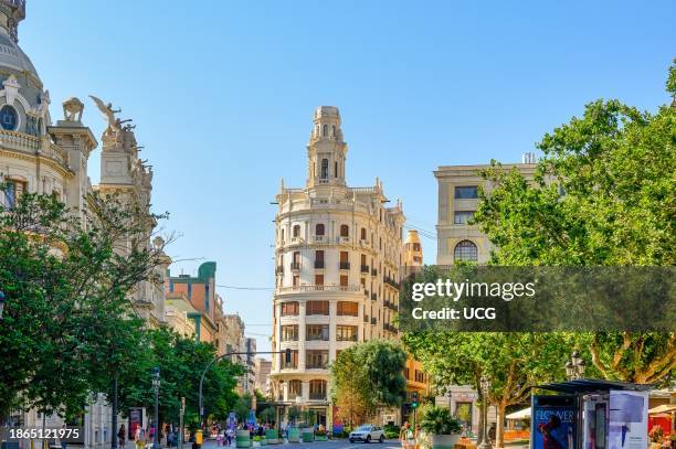 Valencia, Spain, Exterior architecture of old building in the City Hall Square. The Valencia downtown is a local landmark and a tourist attraction in...