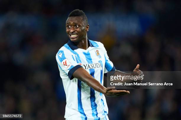 Umar Sadiq of Real Sociedad reacts during the LaLiga EA Sports match between Real Sociedad and Real Betis at Reale Arena on December 17, 2023 in San...