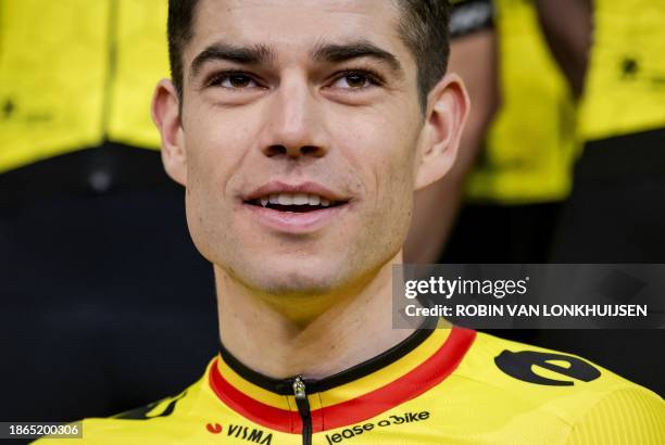 Belgium cyclist Wout van Aert looks over during the presentation of the plans for the coming season of cycling team Team Visma - Lease a Bike, the...