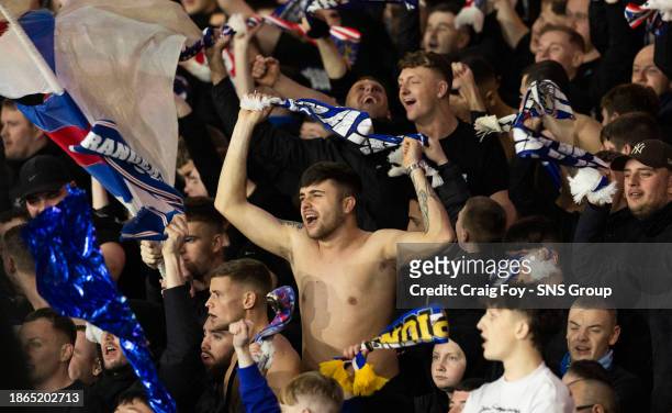 General view of Rangers fans celebrating during the Viaplay Cup Final match between Rangers and Aberdeen at Hampden Park, on December 17 in Glasgow,...