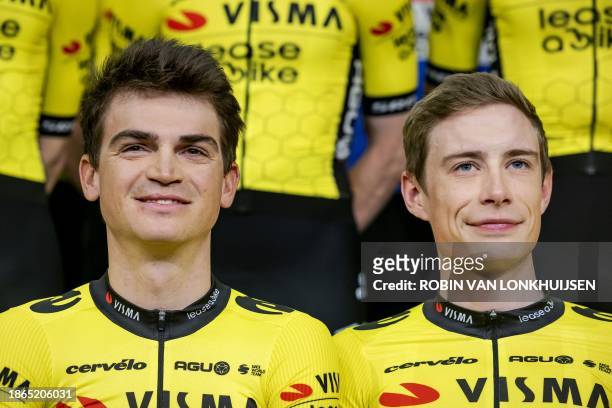 American cyclist Sepp Kuss and Danish cyclist Jonas Vingegaard pose during the presentation of the plans for the coming season of cycling team Team...