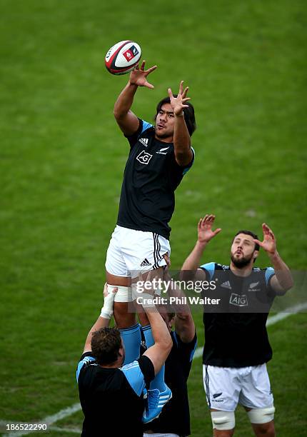 Steven Luatua of the All Blacks collects the ball in the lineout during the New Zealand All Blacks Captain's Run at Prince Chichibu Stadium on...