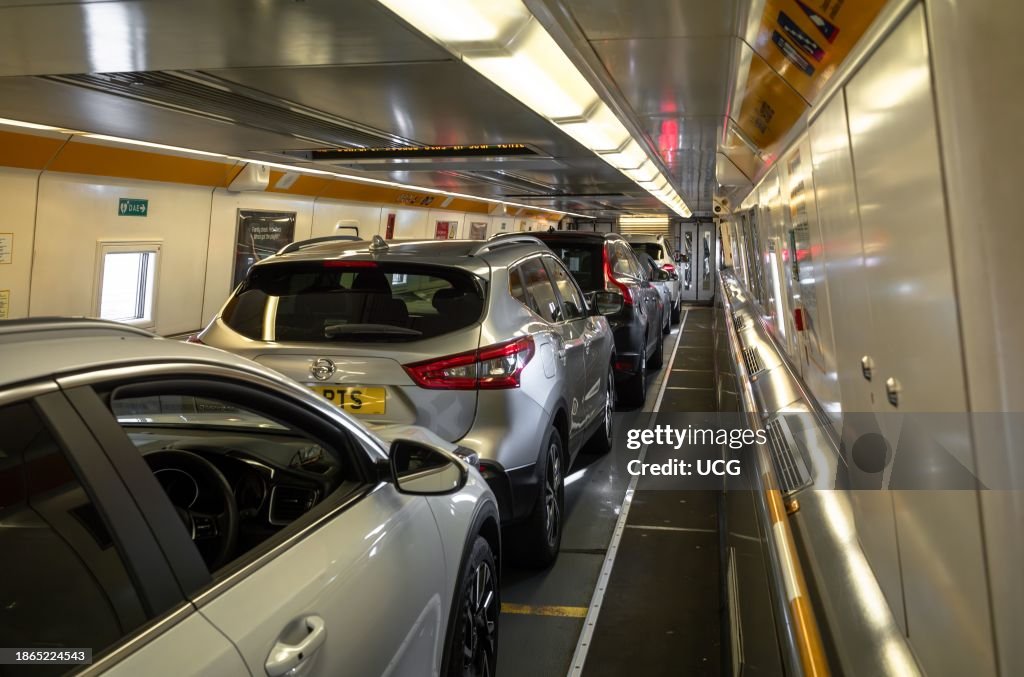 Cars on the Eurotunnel train going to France from England.