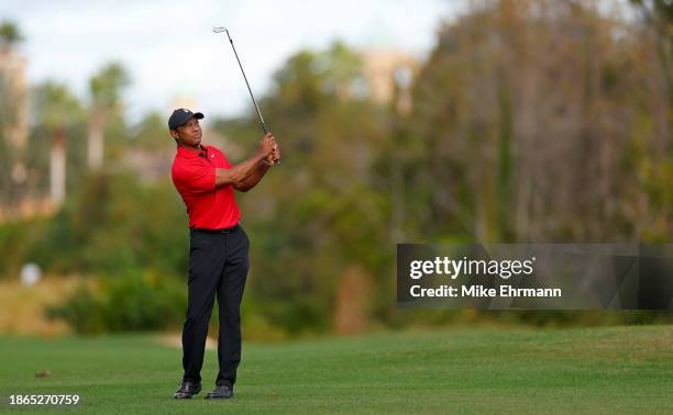 Tiger Woods of the United States during the final round of the PNC Championship at The Ritz-Carlton Golf Club on December 17, 2023 in Orlando,...