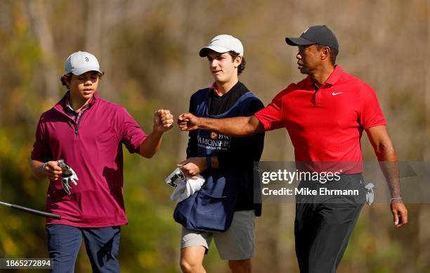 Tiger Woods and Charlie Woods of the United States during the final round of the PNC Championship at The Ritz-Carlton Golf Club on December 17, 2023...