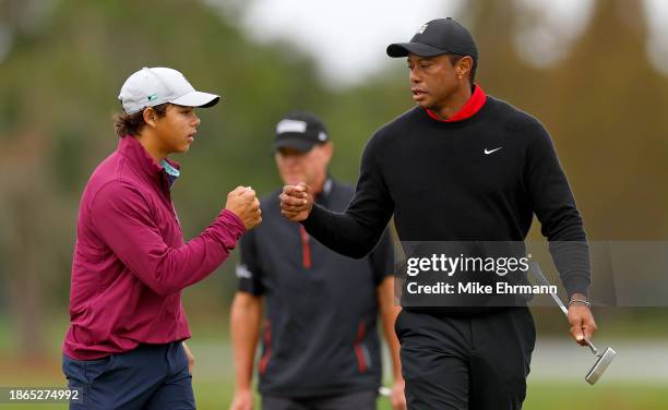 Tiger Woods and Charlie Woods of the United States during the final round of the PNC Championship at The Ritz-Carlton Golf Club on December 17, 2023...