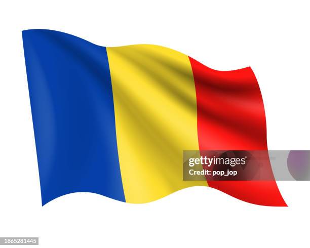 ilustrações de stock, clip art, desenhos animados e ícones de romania - vector waving realistic flag. flag of romania isolated on white background - bandeira da roménia