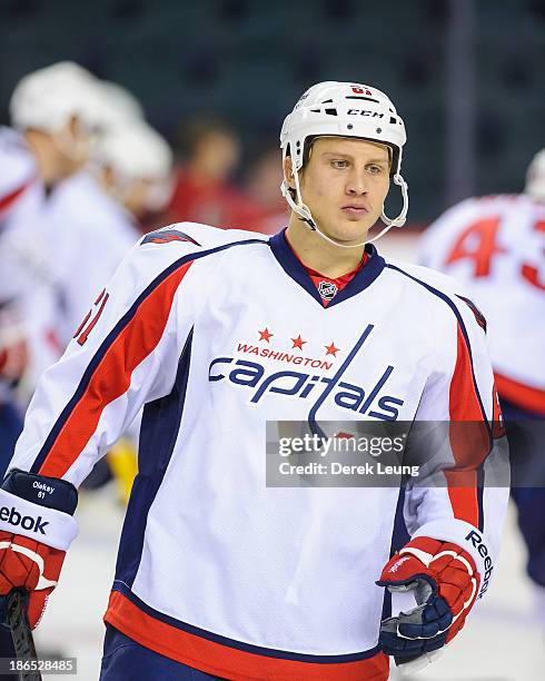 Steve Oleksy of the Washington Capitals skates against the Calgary Flames during an NHL game at Scotiabank Saddledome on October 26, 2013 in Calgary,...