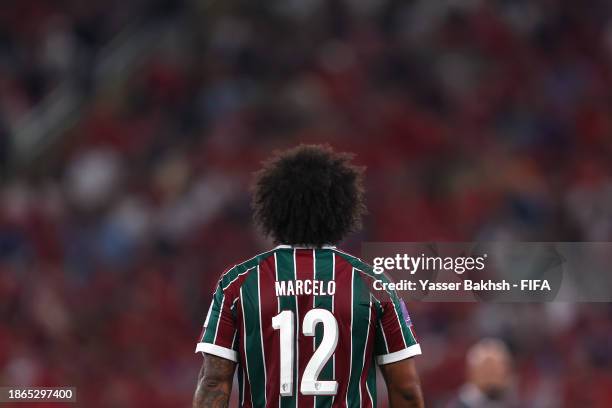 View of the back of the match shirt of Marcelo of Fluminense during the FIFA Club World Cup Semi-Final match between Fluminense and Al Ahly FC at...