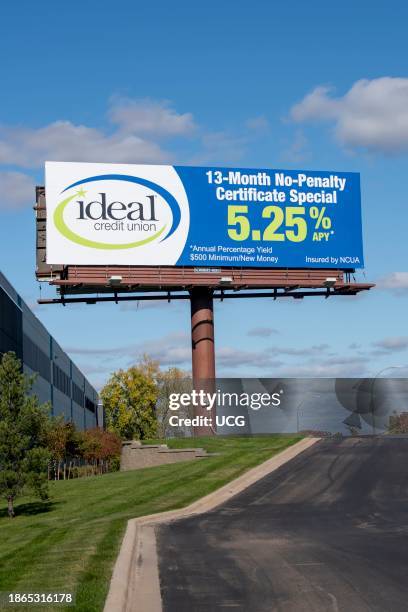 Lino Lakes, Minnesota. Billboard advertising high CD interest rate at credit union.