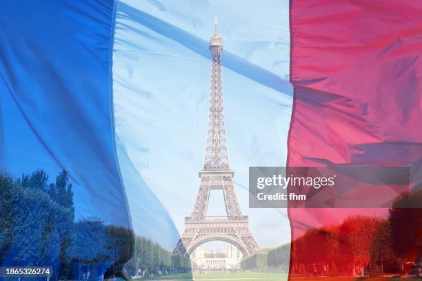 eiffel tower, paris with french flag overlay - bastille day stock pictures, royalty-free photos & images