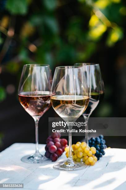 glasses of wine and grapes on a table in sunlight - red and white wine glasses stock-fotos und bilder