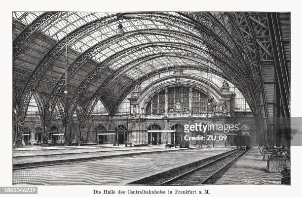 main train station in frankfurt/main, germany, wood engraving, published 1894 - railroad station platform stock illustrations