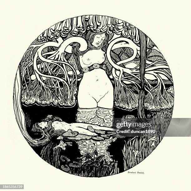 nature goddess, tree of life, der baum des lebens, by bernhard pankok, jugendstil, art nouveau, 1890s, 19th century - tree-of-life-symbol stock illustrations