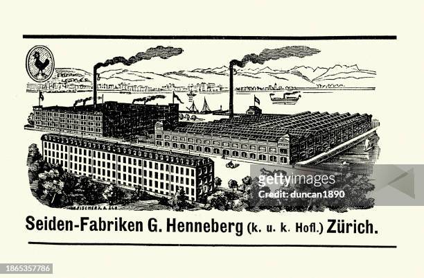 silk factory, textile mill, in zürich, switzerland, 1890s, 19th century industrial history - modern industrial revolution stock illustrations