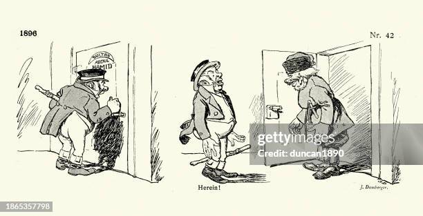 bildbanksillustrationer, clip art samt tecknat material och ikoner med victorian political cartoon, british john bull knocking on sultan abdul hamid door, but finding a russian already there, 1890s - abdul